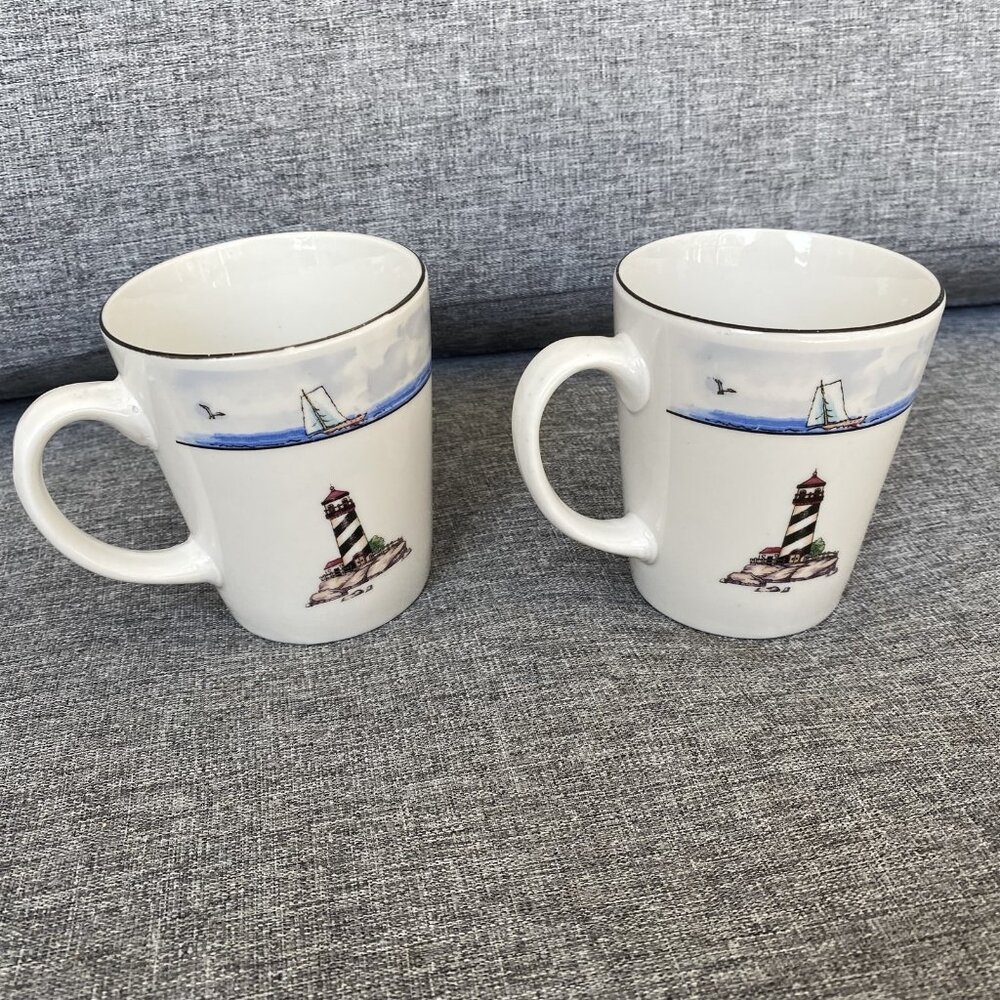 TODAYS HOME COASTAL LIGHTHOUSE COFFEE TEA MUGS CUPS SET OF 2 NAUTICAL